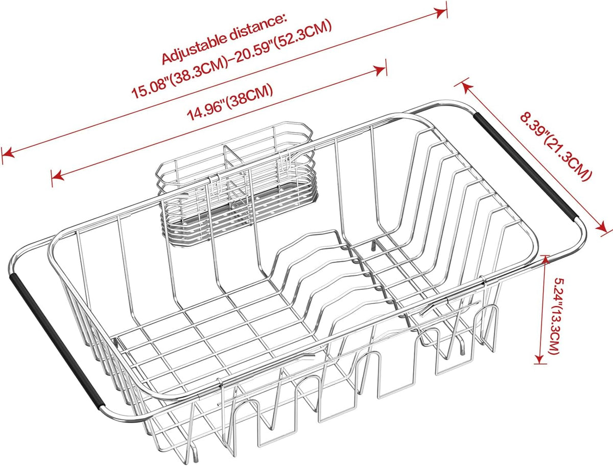 Small Dish Drying Rack in Sink, Extendable Stainless Steel Dish Drainers for Kitchen Counter, Anti-Rust Dish Dryer Rack with Utensil & Cup Holders, for Inside Sink, Over The Sink(for 1-2 People)