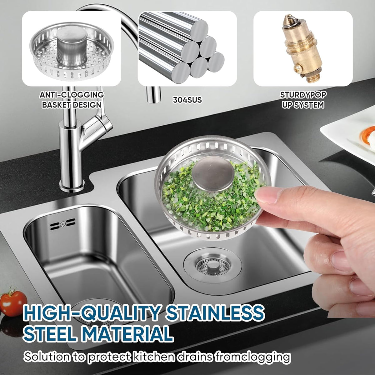 Upgraded 3 in 1 Kitchen Sink Drain Strainer & Sink Stopper,304 Stainless Steel Pop-Up Kitchen Sink Drain Strainer and Stopper Combo,Fits US Standard 3-1/2 Inch Drain, Anti-Clogging Odor Prevention