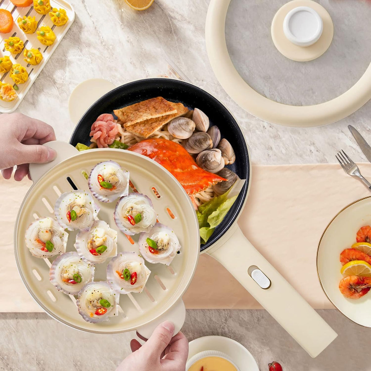 Dezin Electric Cooker, 2L Non-Stick Sauté Pan, Rapid Noodles Cooker, Mini Pot for Steak, Egg, Fried Rice, Ramen, Oatmeal, Soup with Power Adjustment, College Dorm Room Essential(Egg Rack Included)