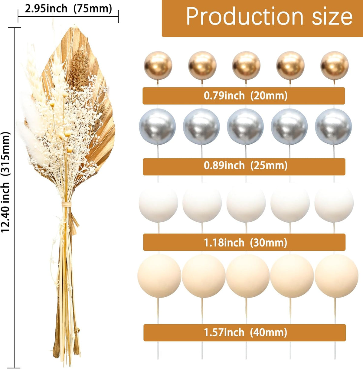 Gyufise 21 Pack Flower Boho Cake Topper Ball Cake Decorations Palm Leaves Plants Cake Decor for Girl Bohemian Princess Theme Wedding Baby Shower Birthday Party Supplies Gold White