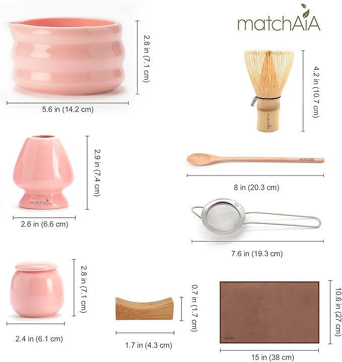 Matcha Whisk Set - Ceramic Bowl, Bamboo Whisk with Holder, Storage Canister, Sifter, Schima Spoon with Rest, Tea Towel - 8 Pcs Complete Kit for Traditional Matcha and Modern Lattes (Pink)