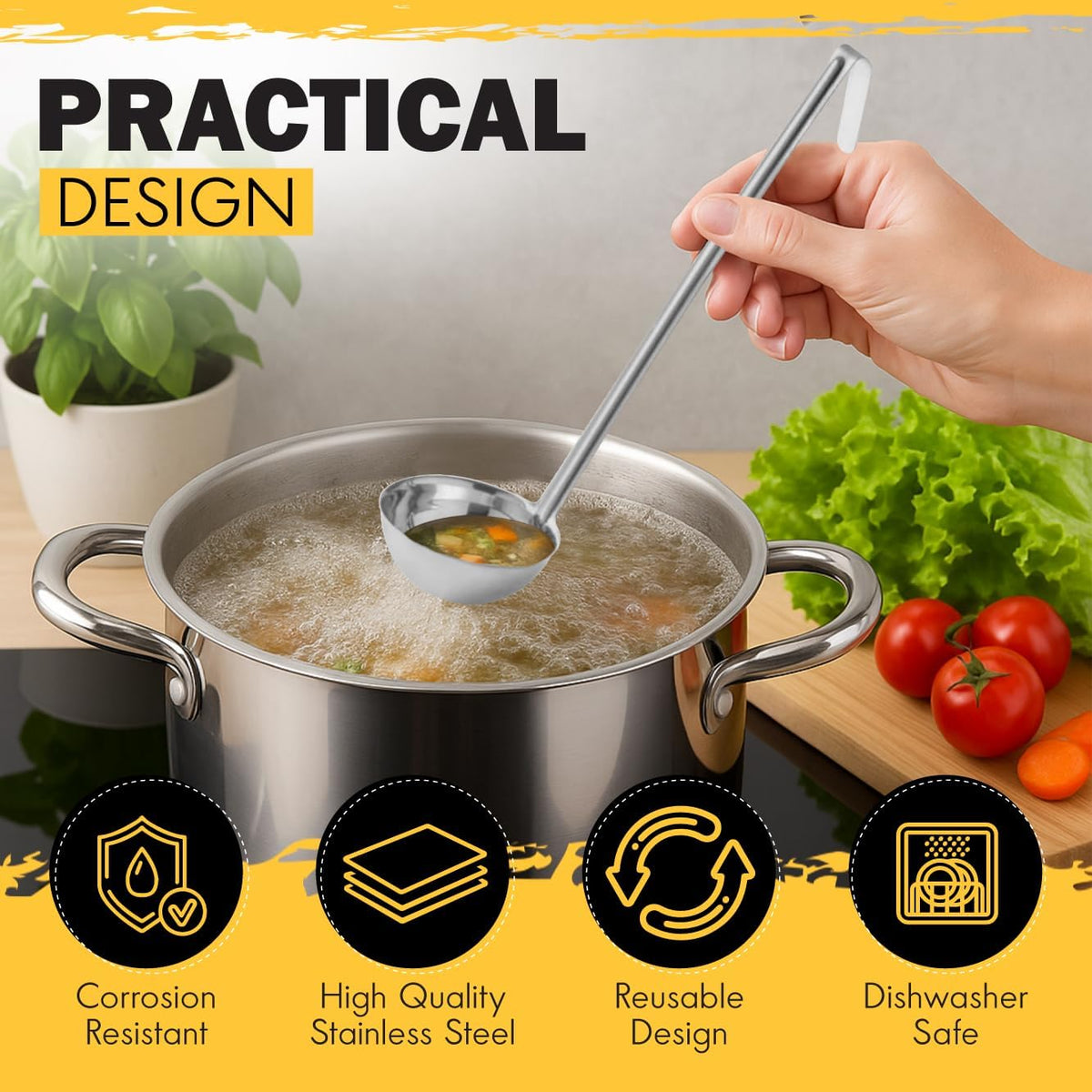 Ladle - Durable Stainless Steel Ladle Serving Measuring Soup Dressing Sauce Gravy Sturdy Dependable Long Handle for Kitchen (1, 6 Oz.)