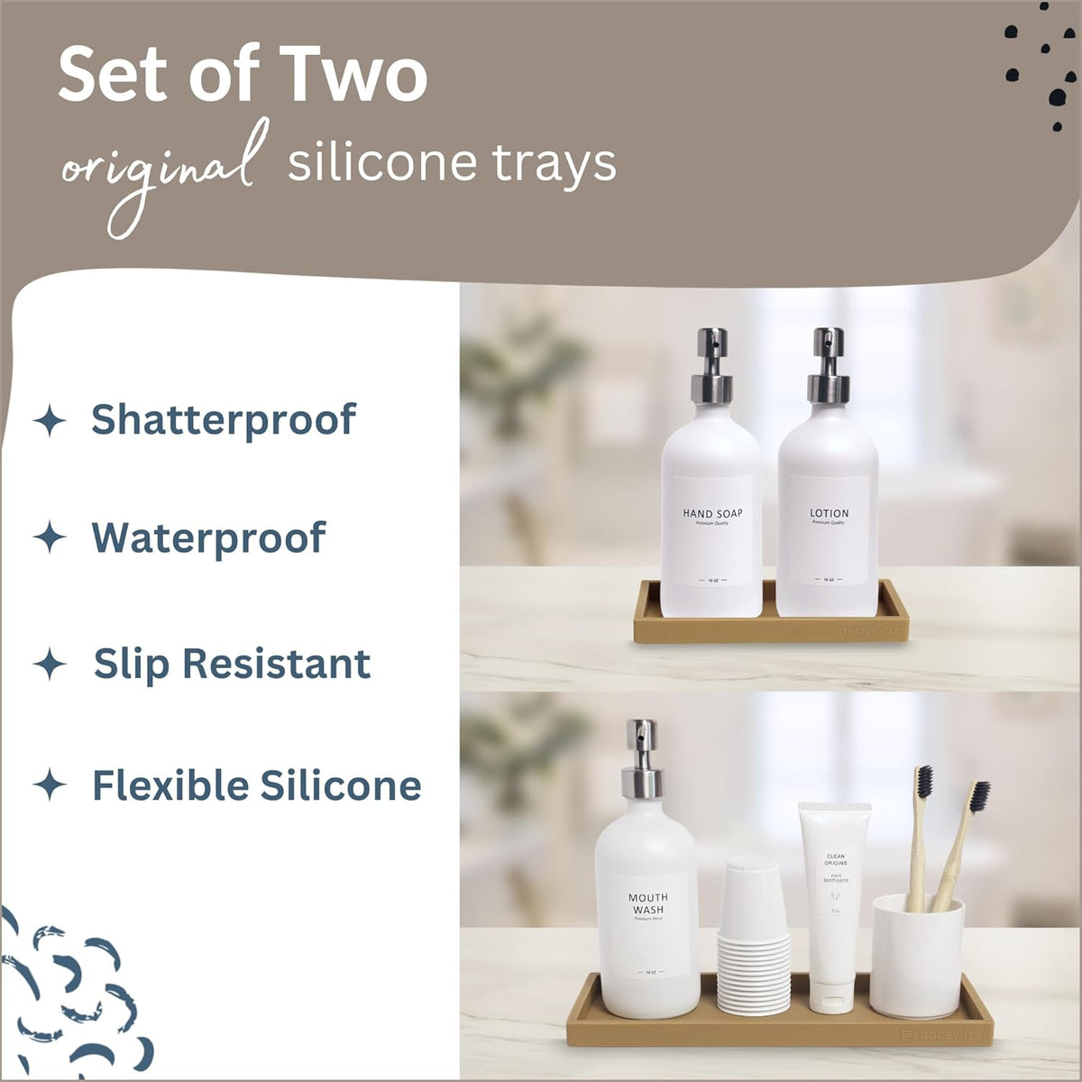 Countertop and Vanity Tray - 2 PC (11” and 7”) Shatterproof Silicone Kitchen and Bathroom Trays for Counter, Kitchen Soap Dispenser Tray, Vanity Trays for Bathroom, Perfume Key Tray