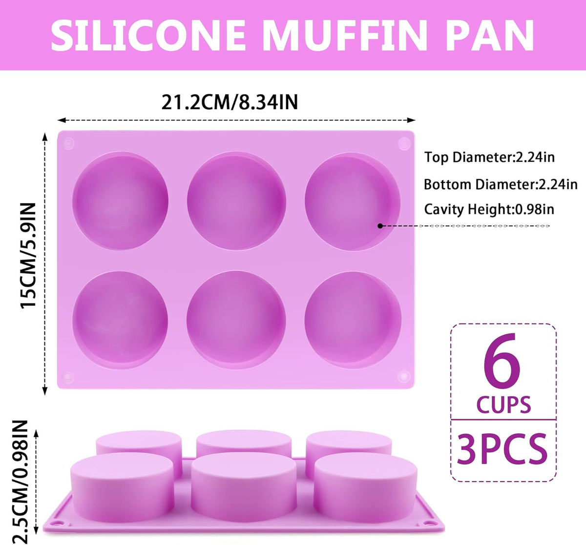 3-Pack Jumbo 6-Cup Silicone Muffin Pan Silicone Muffin Pan - Non-Stick Baking Mold for Cupcakes, Cornbread, Eggs - Purple
