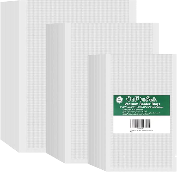 O2frepak 300 Bags 100 of Each Size Gallon 11"x16" and Quart 8"x12" and Pint 6"x10" BPA Free Sous Vide Seal a Meal Commercial Grade Vacuum Seal PreCut Combo Pack Bag
