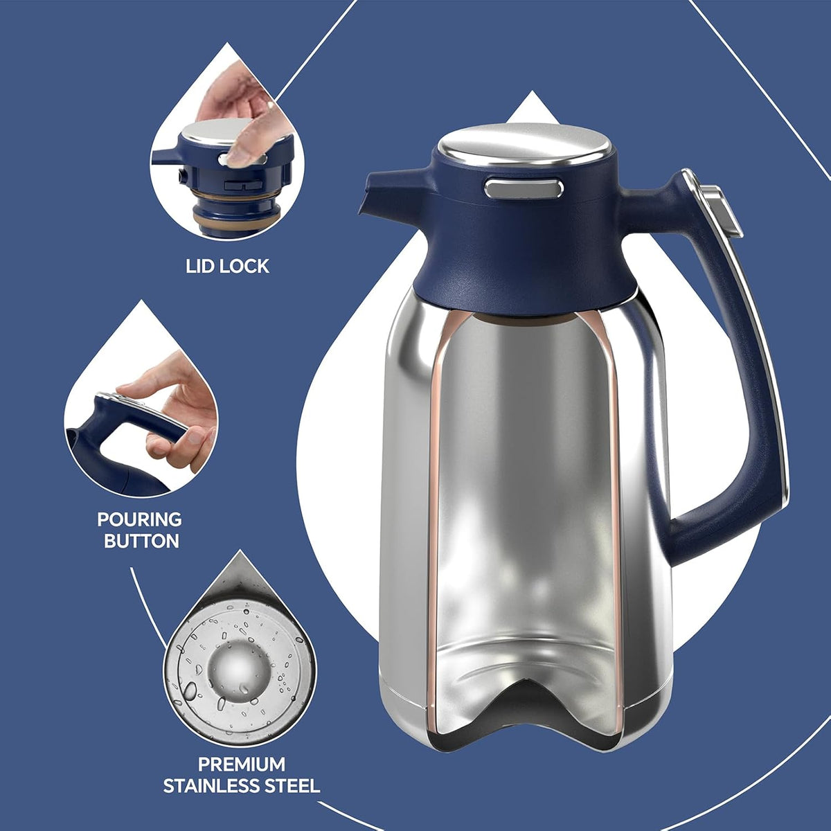 IDEUS Thermal Coffee Carafe 68oz (2,000ml), Stainless Steel Double Wall Insulated Vacuum Flask, Water Jug Coffee Server and Beverage Dispenser, Heat and Cold Retention (Navy Blue, 68oz (2,000ml))