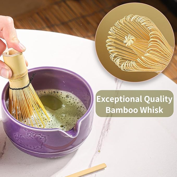 Matcha Tea Set, 5-Piece Ceramic Matcha Bowl & Whisk Kit with Cute Cat Pattern, Traditional Japanese Chawan, Scoop & Sifter, Perfect for Tea Ceremony, Gift for & Tea Lovers (Purple;)
