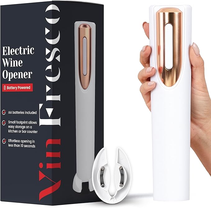 Electric Wine Opener Battery Operated with Stand and Built-in Foil Cutter - Automatic Wine Opener - Electric Corkscrew for Easy Cork Removal - Best Gift for Wine Lover (White & Rose Gold)