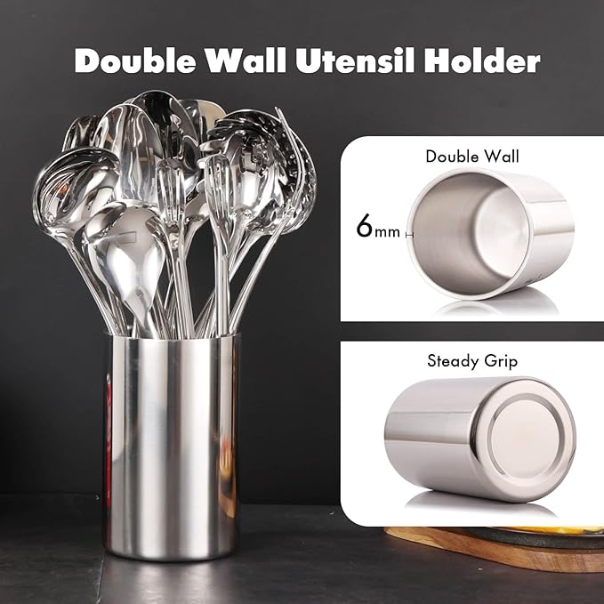18/10 Stainless Steel Kitchen Utensils Set with Holder - 15″ Spatula Spoon Set with Storage Organizer for Countertop, Fork, Tongs, Spatula, Ladle, Skimmer, Turner, Spaghetti, Large Spoon Set of 12