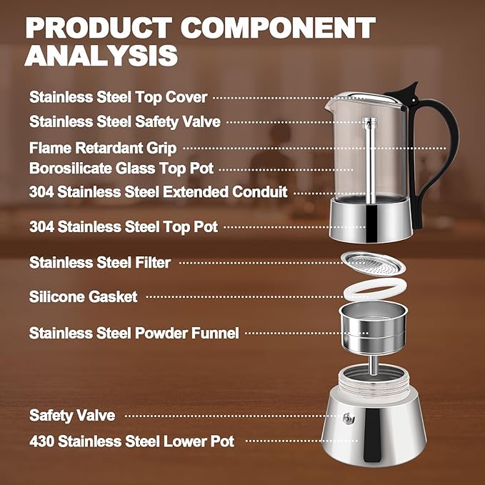 4 Cup Glass Transparent Moka Pot Stainless Steel Uncoated Stovetop Espresso Maker Italian Coffee Makers Mocha Greca Machine Cafe Classic Induction Cookers for Home Camping 220ml