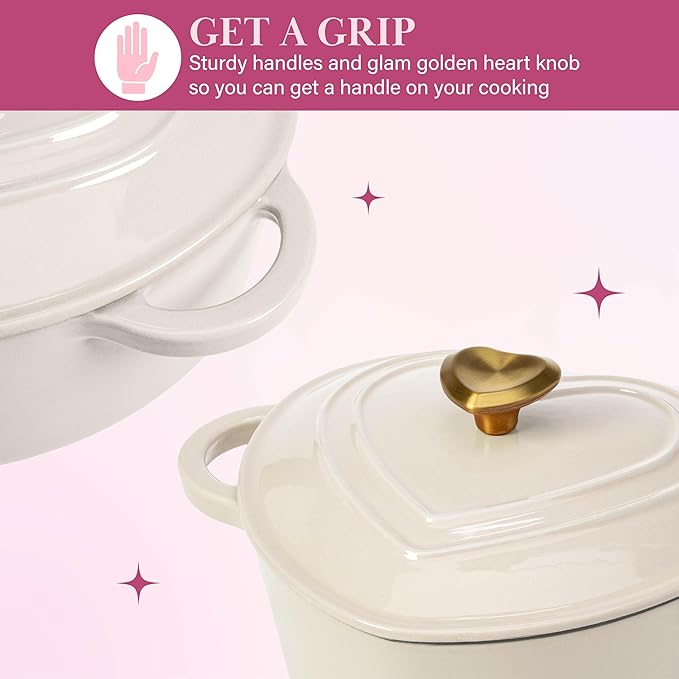 Paris Hilton Enameled Cast Iron Dutch Oven Heart-Shaped Pot with Lid, Dual Handles, Works on All Stovetops, Oven Safe to 500°F, 2-Quart, Cream