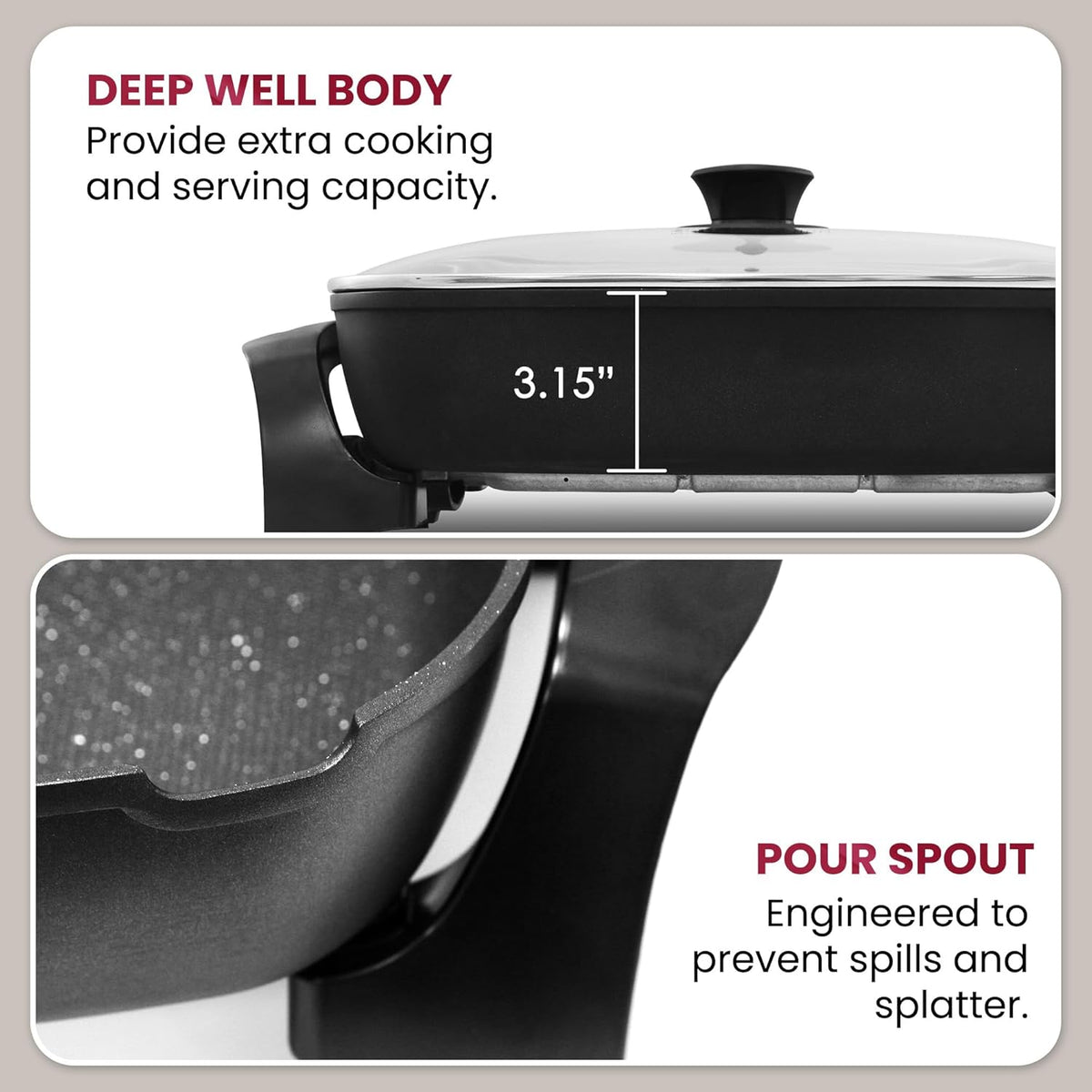 Elite Gourmet EG-6203# Extra Deep 16"x13"x3.2" (10.5Qt.) Scratch Resistant, Easy Pour Spout Dishwasher Safe, Non-stick Electric Skillet with Glass Vented Lid, Adjustable Temperature, Black
