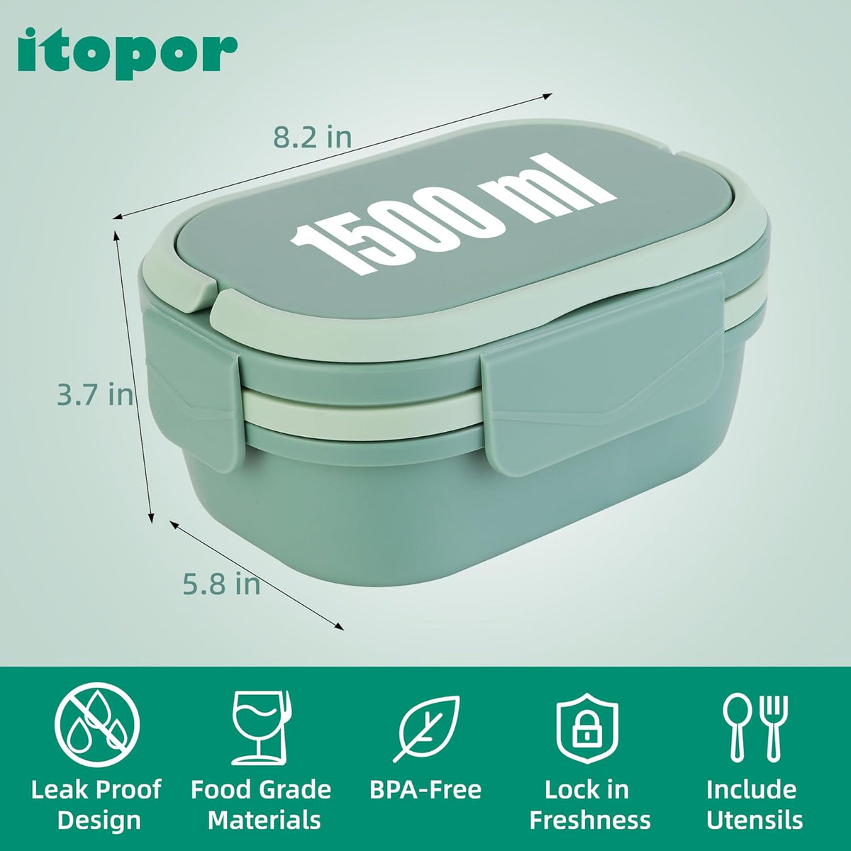 Hidden-Handle Bento Box Adult Lunch Box, Leak-Proof Lunch Containers for Adults & Kids, 2-Layer 5-Compartment 6 Cup with Utensils, Green