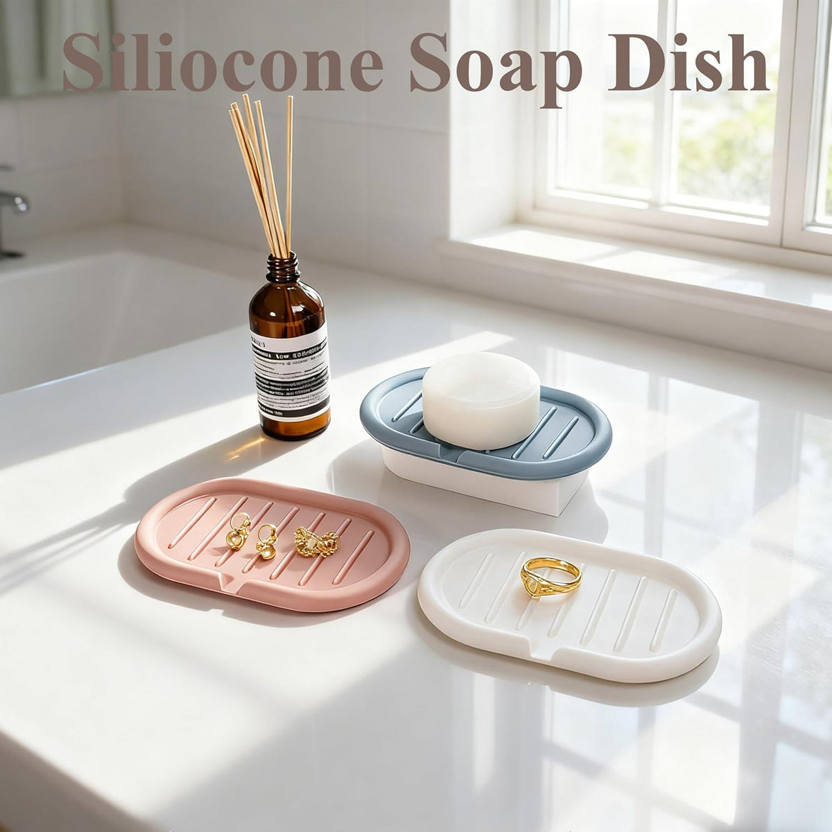 Self-Draining Oval-Shaped Silicone Soap Dish, Soap Holder/Tray/Saver for Shower, Bathroom, Kitchen, Keep Soap Dry, Easy to Clean (3, Light Color)