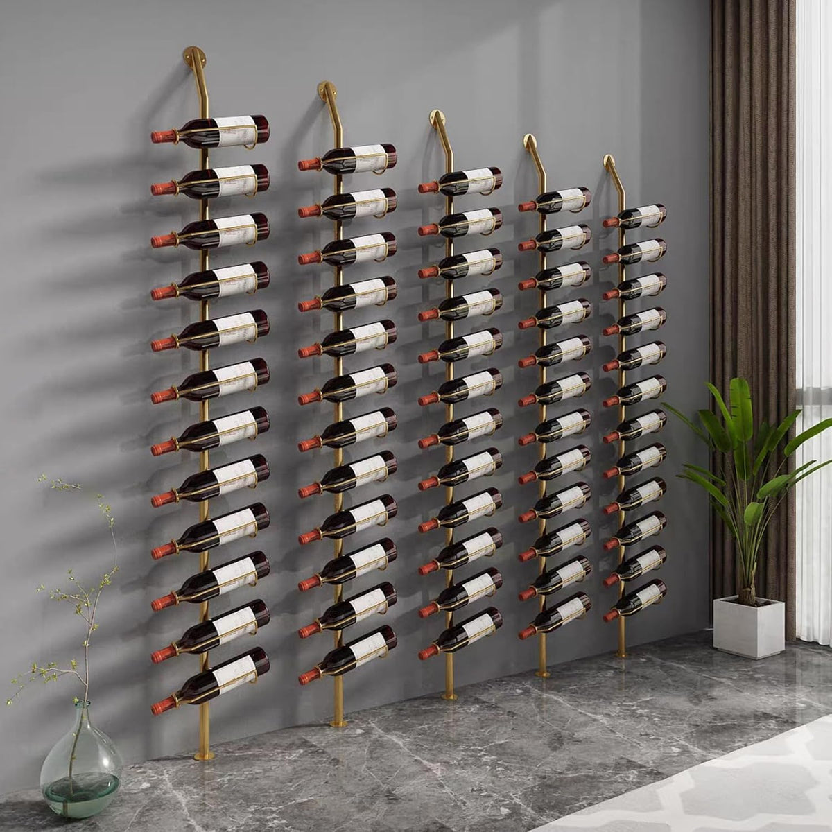 Wine Rack Wall Mounted, 72.8in High Metal Wine Bottle Holder for 12 Bottles, Kitchen Organization and Wine Storage for Commercial Restaurants Pantry Bar Wine Cellar (Gold, six rows-72 Bottles)
