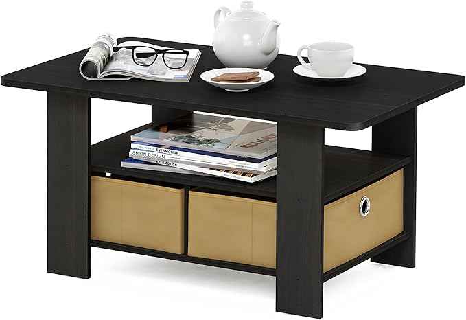 Furinno Andrey Coffee Table, Small Modern Coffee Table with Storage and Bin Drawer, Side Table for Living Room, Bedroom, Home Office, Dark Espresso