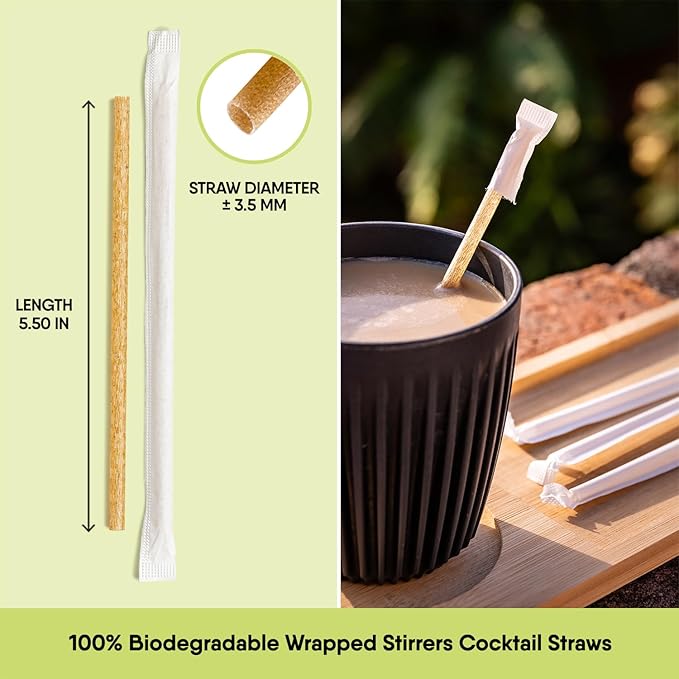100% Biodegradable Individually Wrapped Cocktail Stirrers – 300 PCS of 5.50 Inches Premium Quality Disposable Coffee Stirrers, Best Biodegradable Stirrers for All Drinks – By The Veggie Straws