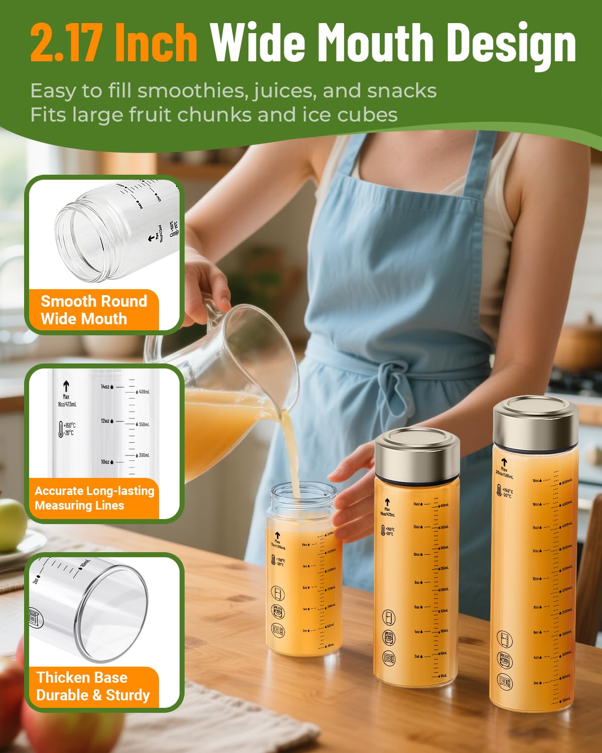 Zukro 12 oz Borosilicate Glass Water Bottles with Stainless Steel Lids and Measurement| Reusable Leakproof Drinking Bottles for Juicing, Smoothie, Protein| 4 Pack Wide Mouth BPA-Free Juice Container