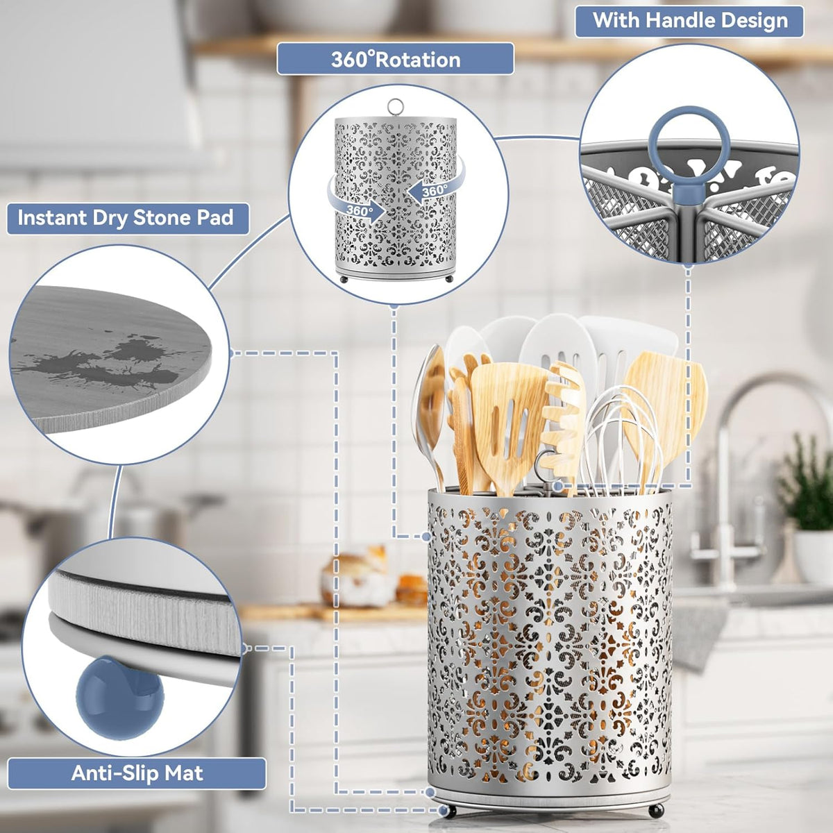 Extra Large Utensil Holder - 360° Rotating Cooking Utensils Caddy Countertop Organizer with Instant-Dry and Removable Base for Kitchen Tools