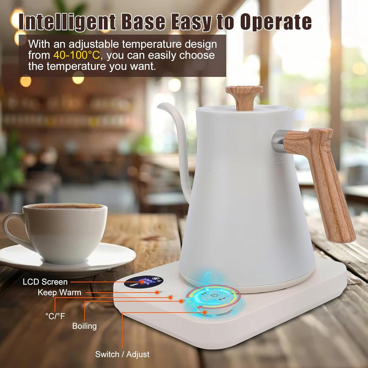 Electric Gooseneck Kettle for Pour Over Coffee/Tea, 1200W 0.9L Quick Heating Electric Kettles with Stainless Steel Inner, LCD Screen, Timing Constant Temperature, Auto Shut Off (White)