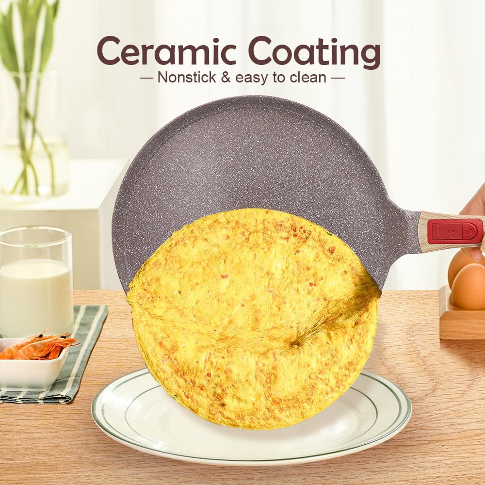 Nonstick Ceramic Crepe Pan, 8 Inch Dosa Pan Pancake Pan with Detachable Handle Round Griddle - Brown