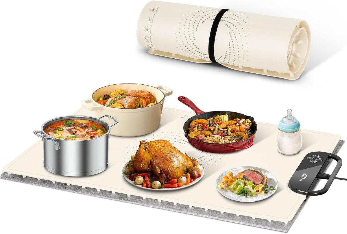 Electric Warming Tray with 7 Adjustable Temperatures, Hanging & Foldable Food Warmer Mat with Child Lock, 11 Timer Settings, Fast Heating Plate for Buffet, Paties, Family Gatherings, Holidays, Beige
