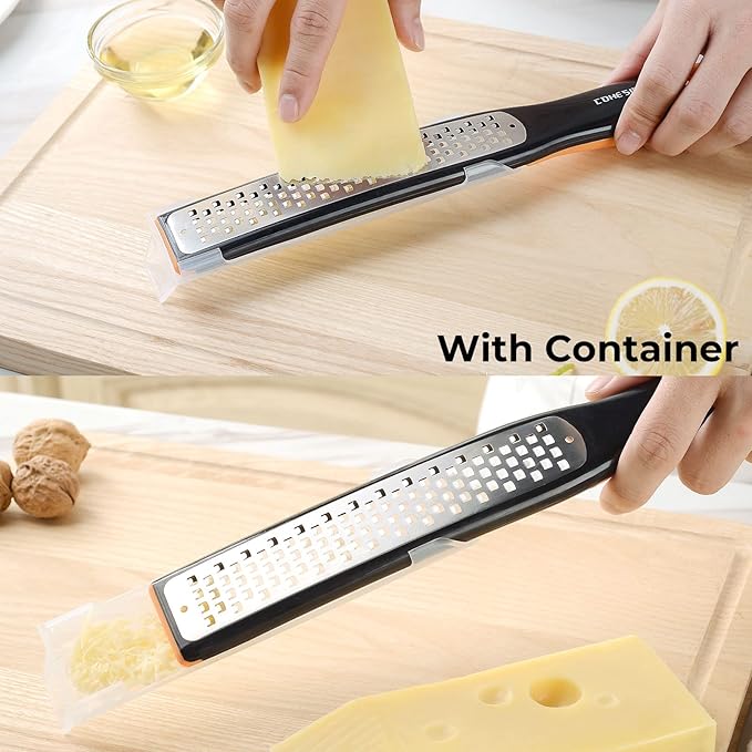 Cohesion Etched Zester & Grater Set of 2 - Kitchen Zester Tool for Lemon, Cheese, Garlic, Ginger, Nutmeg, Chocolate, Fruits, Vegetables - Sharp Premium Stainless Steel Blade with Protective Cover