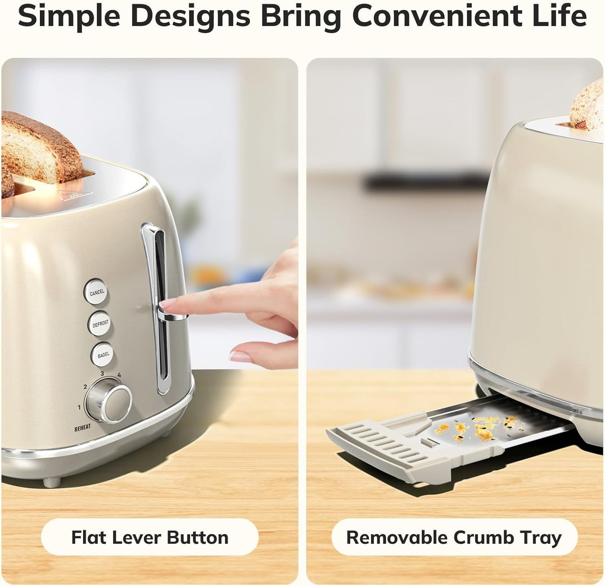 2 Slice Stainless Steel Toaster Retro with 6 Bread Shade Settings, Bagel, Cancel, Defrost Function, 2 Slice Toaster with Extra Wide Slot, Removable Crumb Tray, Tauge
