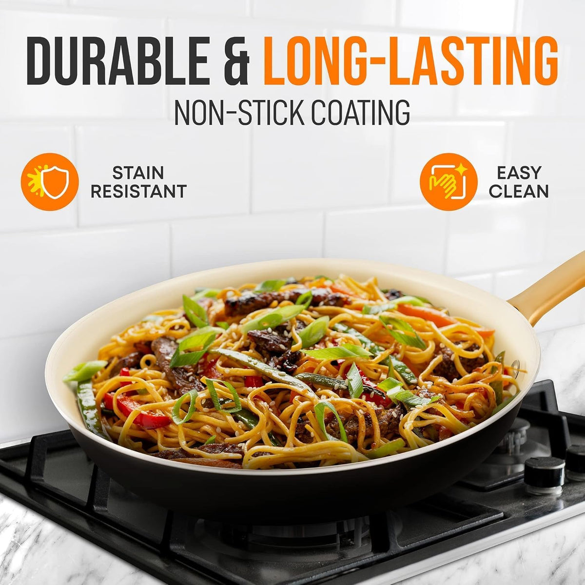 NutriChef 10-Inch Professional Ceramic Frying Pan With Lid - Medium Skillet with Golden Titanium Handle, Non-Stick Ceramic Coating, Stain-Resistant, Easy to Clean, Ideal for Home Cooking