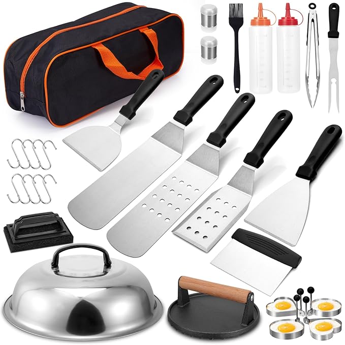 29PCS Blackstone Stainless Steel Spatula Set, Metal Spatula Set for Blackstone, Griddle Scraper/Burger Turner/Metal Grill BBQ Enlarged Spatulas Set with Carry Bag Outdoor BBQ & Teppanyaki & Camping