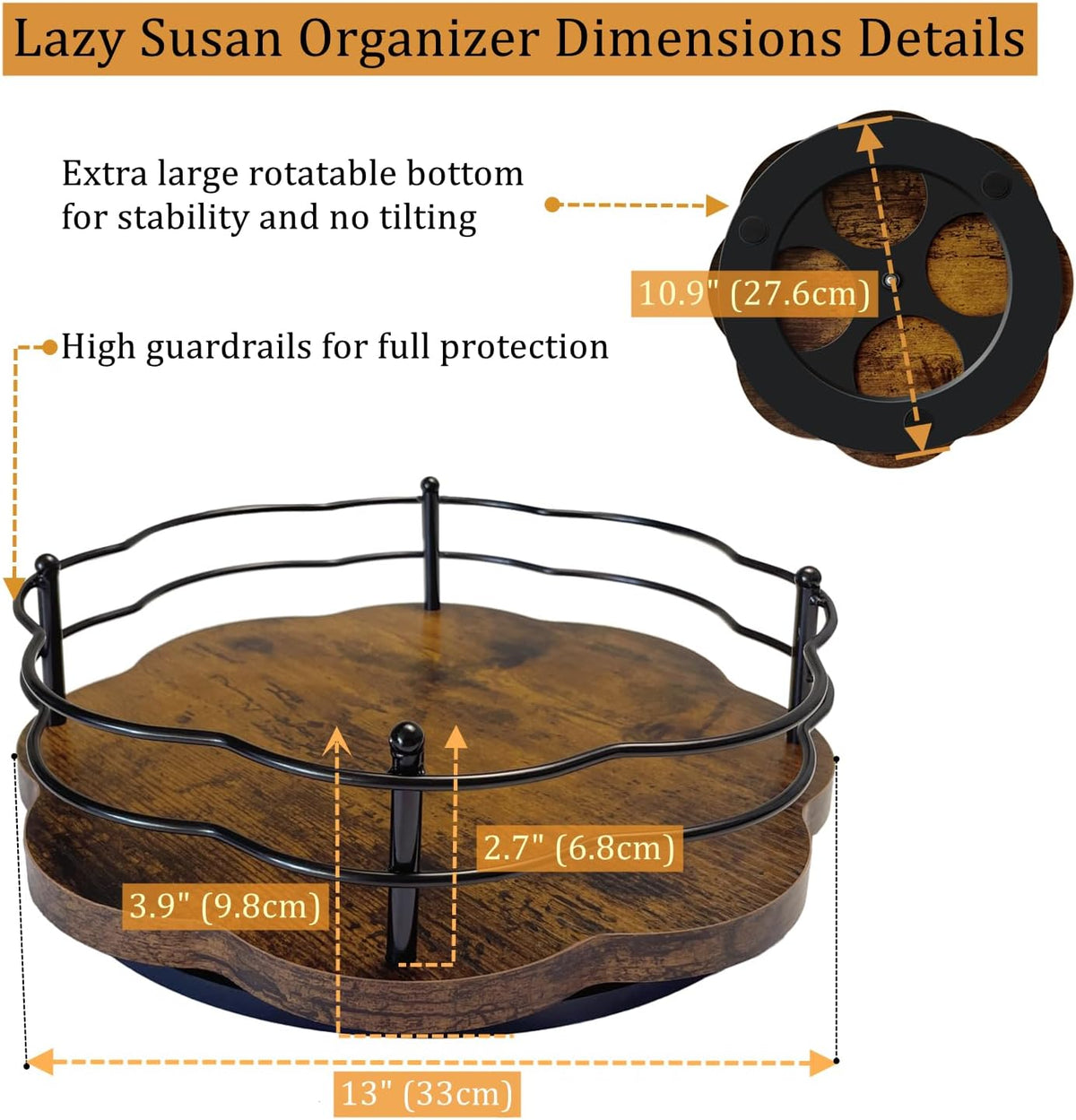 13" Lazy Susan Turntable Organizer with Higher Metal Sides, 360° Rotating Wooden Lazy Susan Organization and Storage for Cabinet,Kitchen,Countertop,Table Top,Dining Table,Coffee Bar Decor