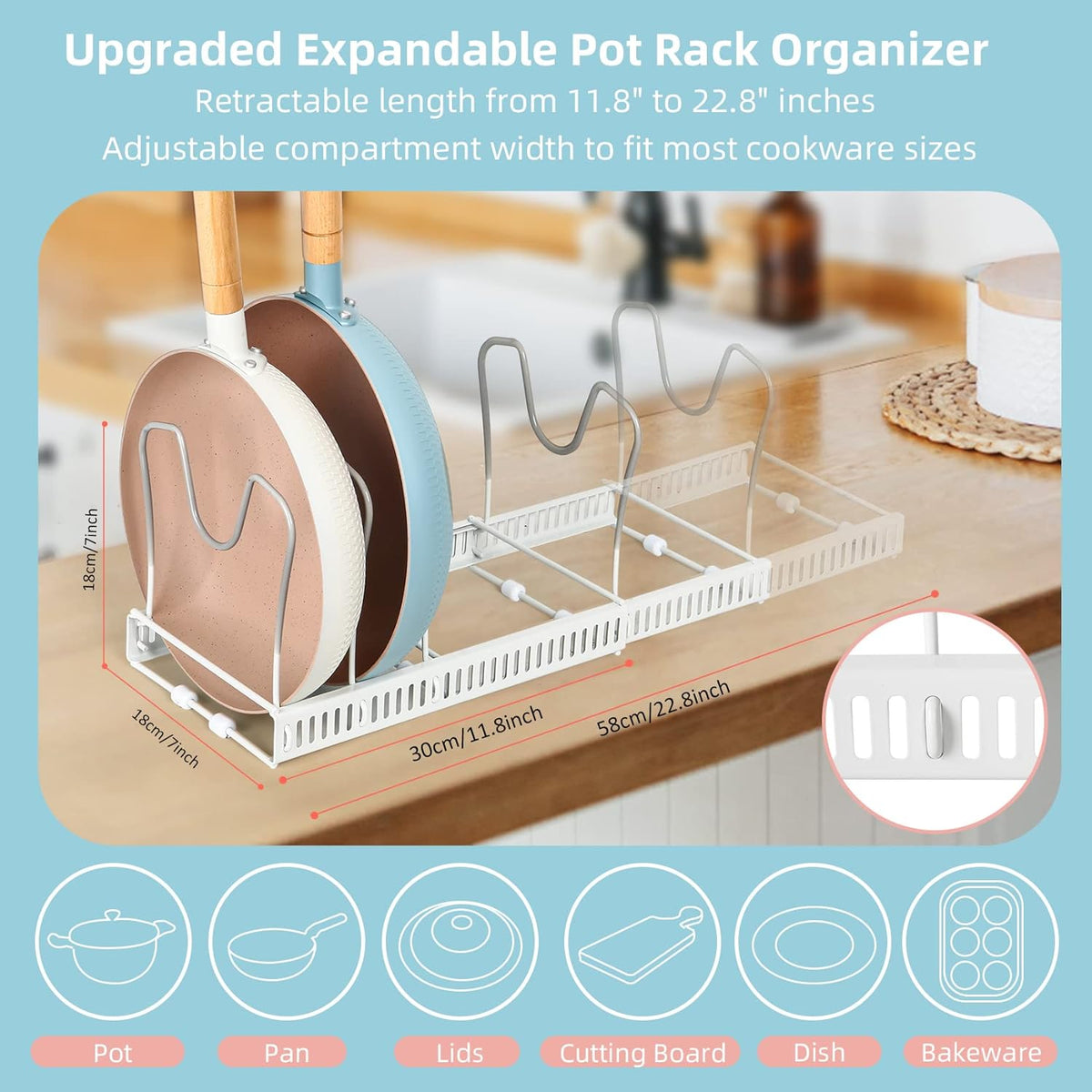 Expandable Pot & Pan Organizer - Cabinet Cookware Rack with 10 Adjustable Compartments & Pot Lid Holder