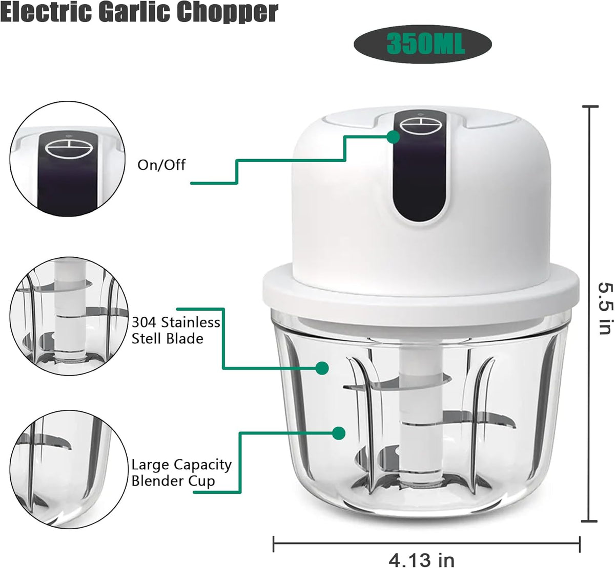 350ML Electric Garlic Chopper, Portable Veggie Chopper,Garlic Grinder Masher Onion Chopper, Blender to Vegetable, Cordless Food Processor for Ginger, Chili, Fruit, Meat, Spices, Beans, etc