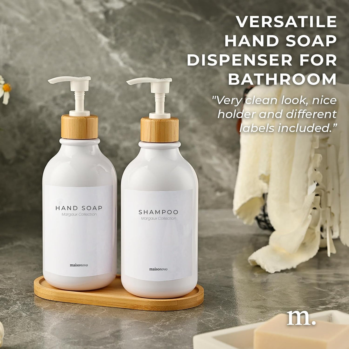 Maisonovo Plastic Soap Dispenser Set | Hand Soap and Dish Soap Dispenser Set | 16.9oz Amber Bottles with Black Bamboo Pump | Bathroom Lotion Dispenser with Pump Set of 2