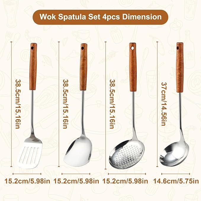 FJNATINH Stainless Steel Wok Tools Set,Wok Utensil - Wok Spatula,Turner,Ladle,Skimmer Tool Set,Mirror Polished Stainless Steel Cooking Utensils 14.6-15.2" Kitchen Utensils Cookware, Pack of 4