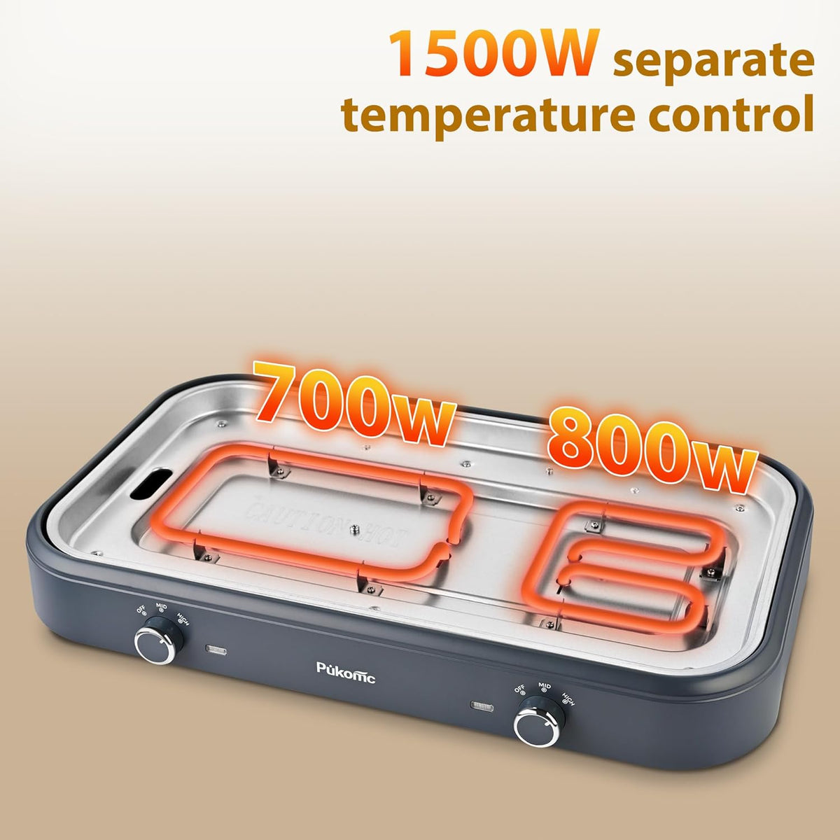 Pukomc Electric Hot Pot with Grill，2 in 1 Korean BBQ Grill Shabu Shabu Hot Po， 1500W / Temperature Control, Quick Heating Detachable Hot Pot and Baking Tray，gray