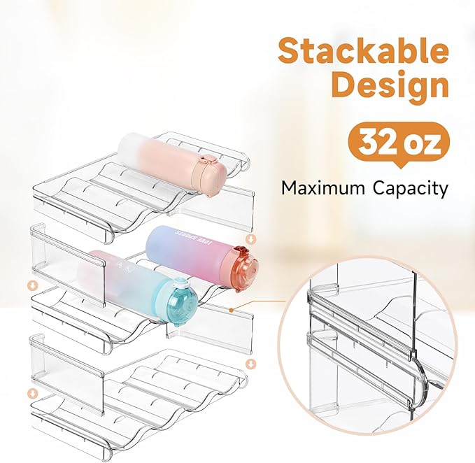 Stackable Water Bottle Organizer, Large Compartment Water Bottle Holder, 3 Tier Water Bottle Organizer for Cabinet, Water Bottle Rack for Kitchen Organization and Storage - Hold 12 Bottles
