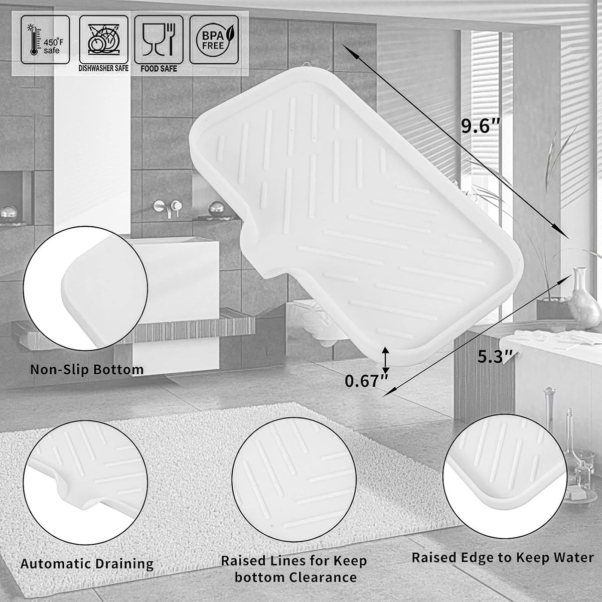 Silicone Bathroom Soap Dishes with Drain Spout-Bathroom and Kitchen Sink Organizer,Sponge Holder,Dish Soap Tray,Perfect for Dispenser,Scrubber,Bottle,Cup on Sink or Counter-White 9.6"×5.3"