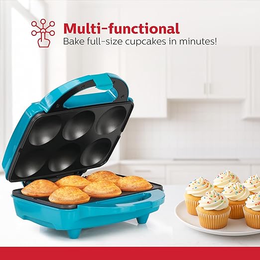 Holstein Housewares Non-Stick 6-Count Electric Cupcake Maker Machine – Bakes 6 Cupcakes, Muffins, Pizza Cups, Cinnamon Buns – Perfect for Gifts, Birthdays, Holidays, or Bake Sales, Teal