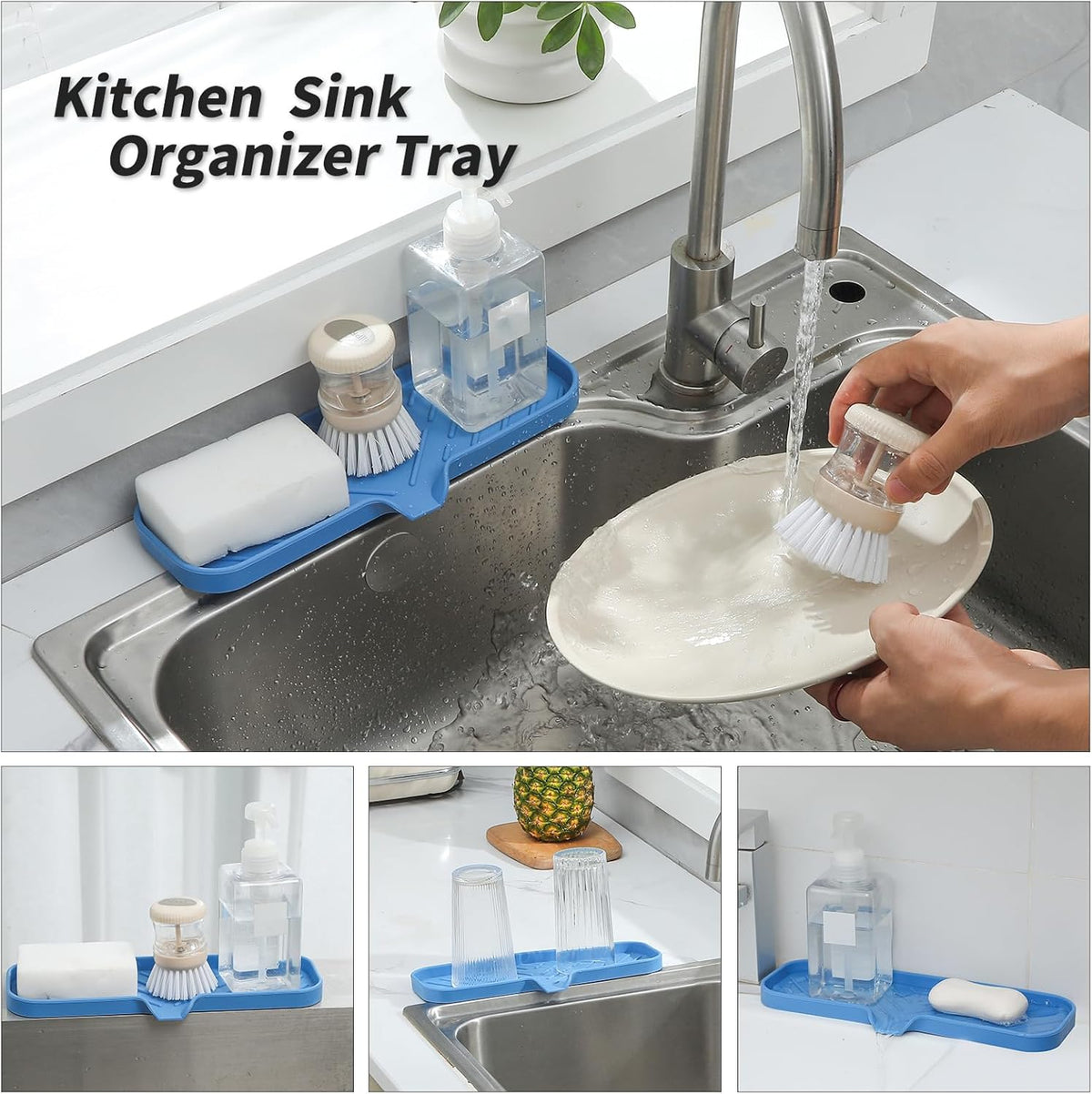 Silicone Bathroom Soap Dishes with Drain Spout-Bathroom and Kitchen Sink Organizer,Sponge Holder,Dish Soap Tray,Perfect for Dispenser,Scrubber,Bottle,Cup on Sink or Counter-Lichen Blue 12"×4"