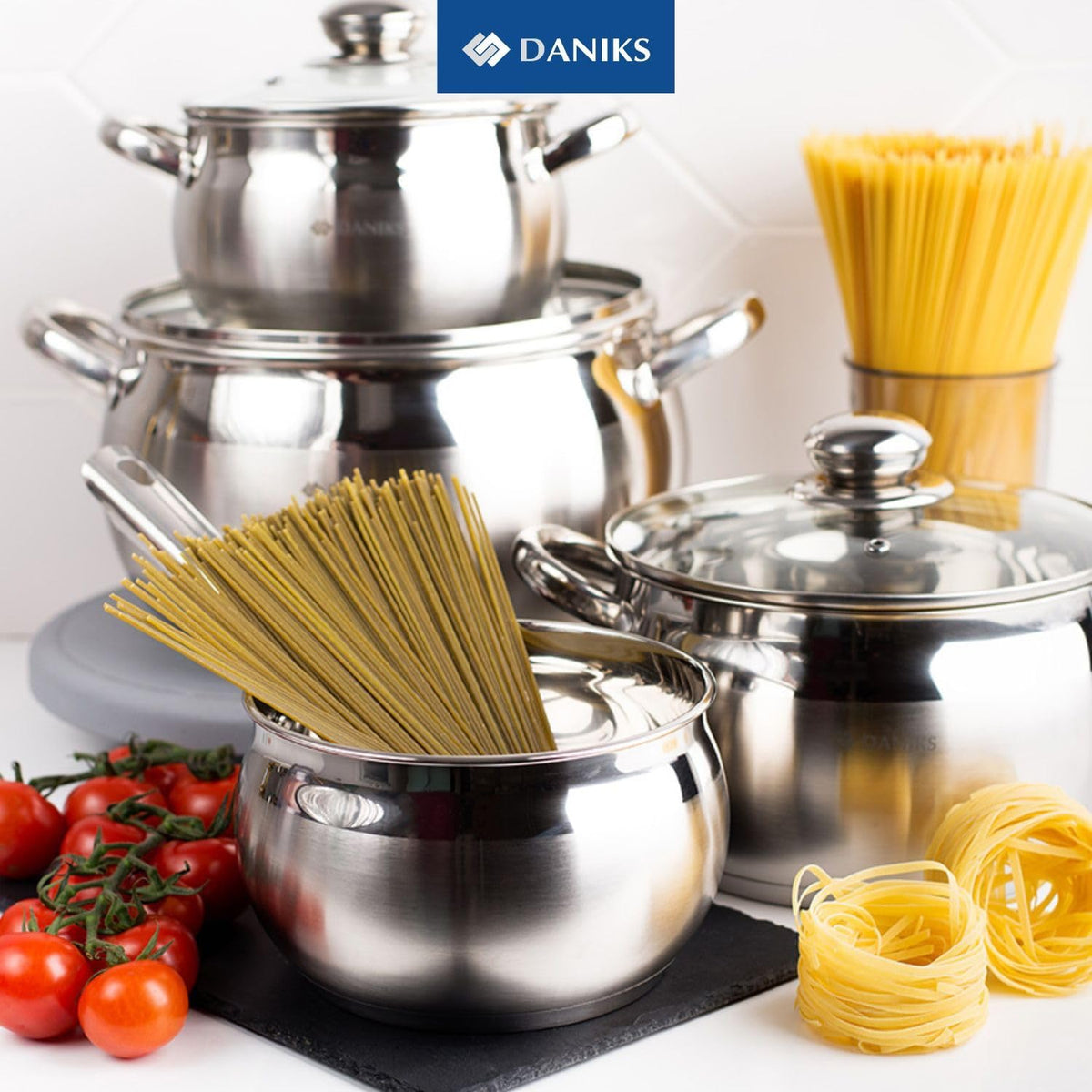 Daniks Classic Frying Pan Included, 11-Piece Stainless Steel Induction Cookware Set, Dishwasher Safe Pots and Saucepan, Glass Lids, Measuring Scale, For Soup, Pasta, Stew, Silver