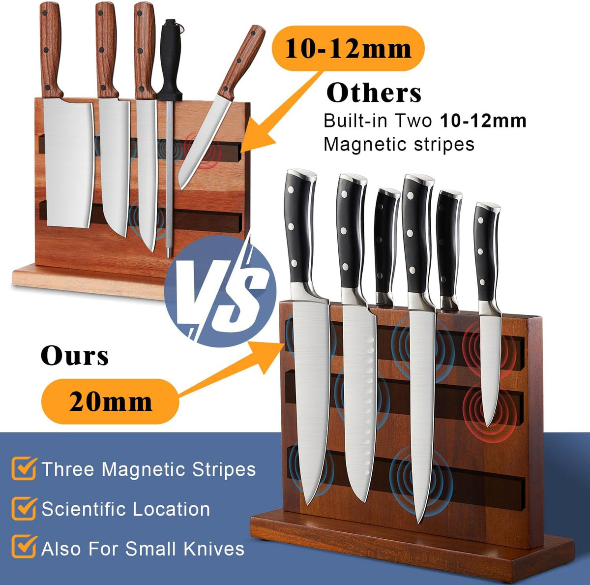 ENOKING Magnetic Knife Block 12.5 x 9 Inches, Double Side Magnetic Knife Holder Built in Three Powerful Magnets Strip, Acacia Wood Universal Knife Storage Organizer for Kitchen Counter