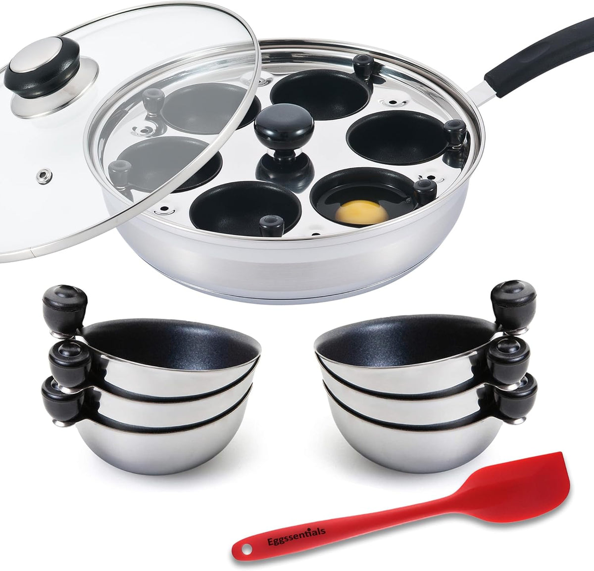 Eggssentials Poached Egg Maker Stainless Steel Egg Poacher Pan Food Grade Safe PFOA Free with Spatula
