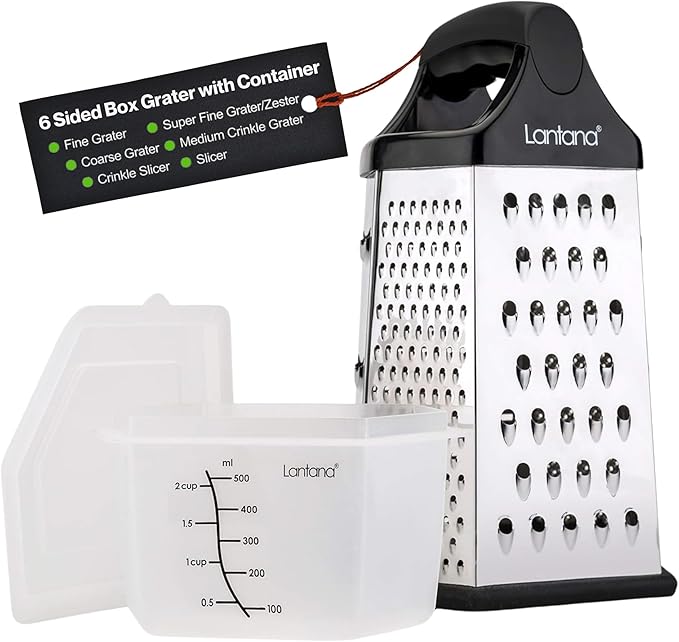 Lantana Cheese Grater for Kitchen with Container & Lid - Handheld Stainless Steel Box Food Shredder with Handle and 6 Essential Functions for Coarse, Medium, Fine, or Micro Grating/Shredding/Zesting