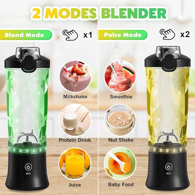 Portable Blender Personal Juicer for Shakes and Smoothies - 20 OZ Electric Protein Shaker Bottle with Insulated Sleeve, Travel Lid, USB-C Rechargeable - Mini Small Blender Cup for Kitchen, Office, Gym