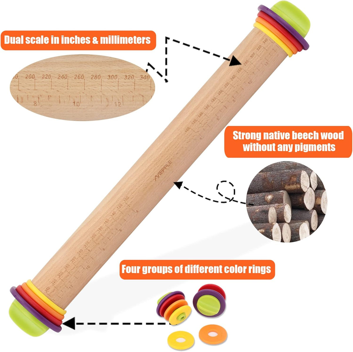 Rolling Pin with Thickness Rings for Baking,Fondant, Pizza, Pie Crust, Cookie, Pastry, Roller Rod for Dough Thickness, 13.6" Adjustable Wooden Rolling Pin with 4 Thickness Rings