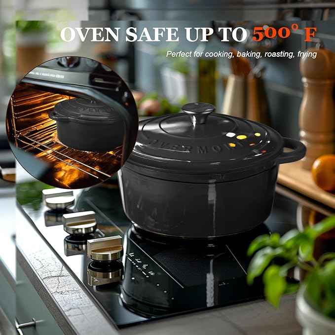 Overmont Enameled Cast Iron Dutch Oven - 5.5QT Pot with Lid Cookbook & Cotton Potholders - Heavy-Duty Cookware for Braising, Stews, Roasting, Bread Baking Graphite Gray