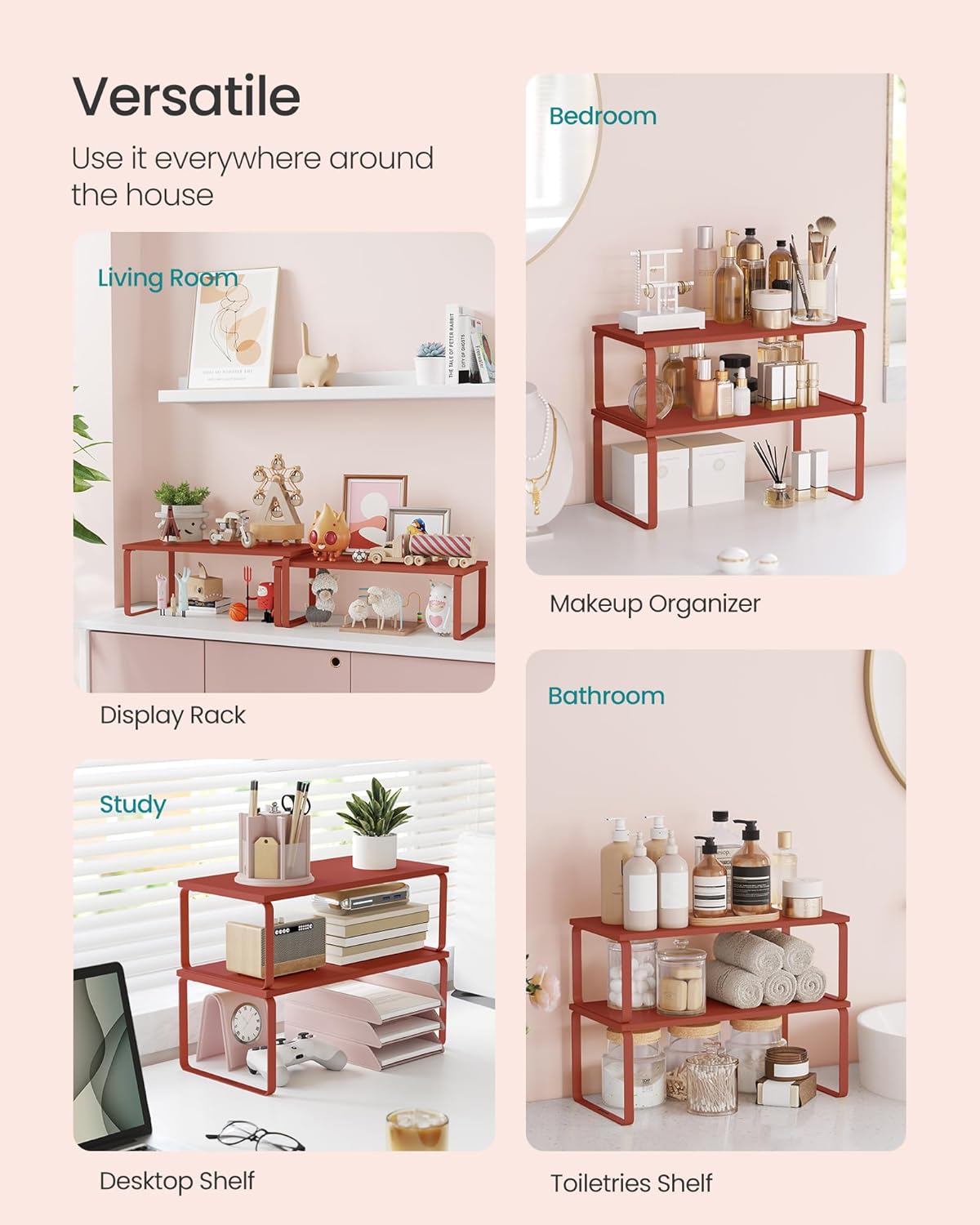 SONGMICS Cabinet Organizer Shelf, Set of 2 Kitchen Counter Shelves, Kitchen Storage, Spice Rack, Stackable, Expandable, Metal and Engineered Wood, Mandarin Red UKCS200Y02
