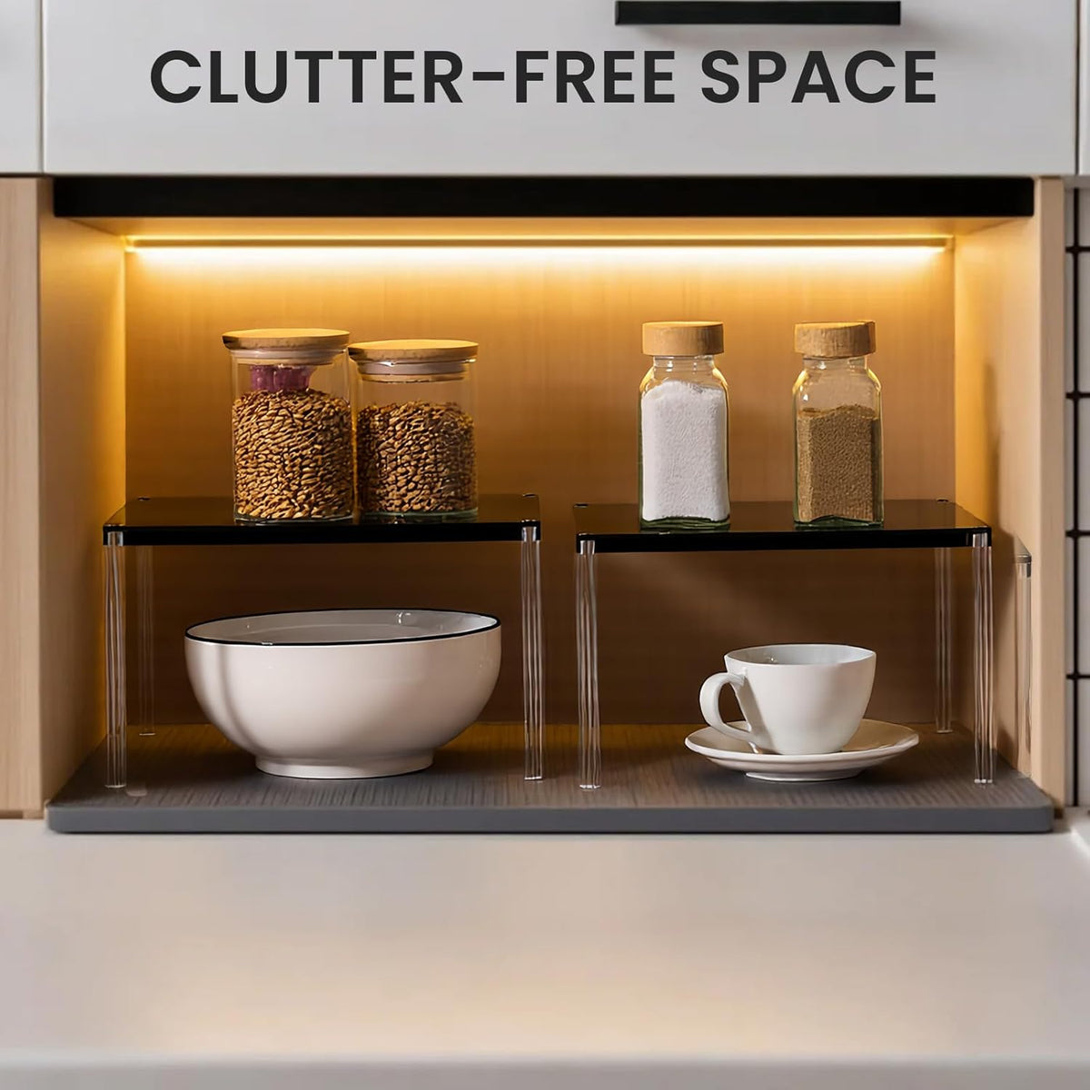 Cabinet Organizer Acrylic Spice Rack, 4 Pack Stackable Shelf Riser for Kitchen Pantry Countertop, Expandable Storage Organizer for Bathroom Office