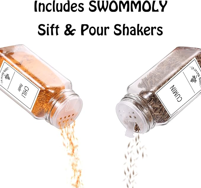 SWOMMOLY 48 Glass Spice Jars with 806 White Spice Labels, Chalk Marker and Funnel Complete Set. Empty Square Spice Bottles 4 oz, Spice Containers with Pour/sift Shaker Lid, Airtight Cap